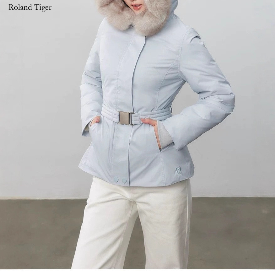 Roland Tiger 50 White Duck Down Light Blue Down Jacket with Belt, Slimming, Thickened, Warm Ski Jacket Coat
