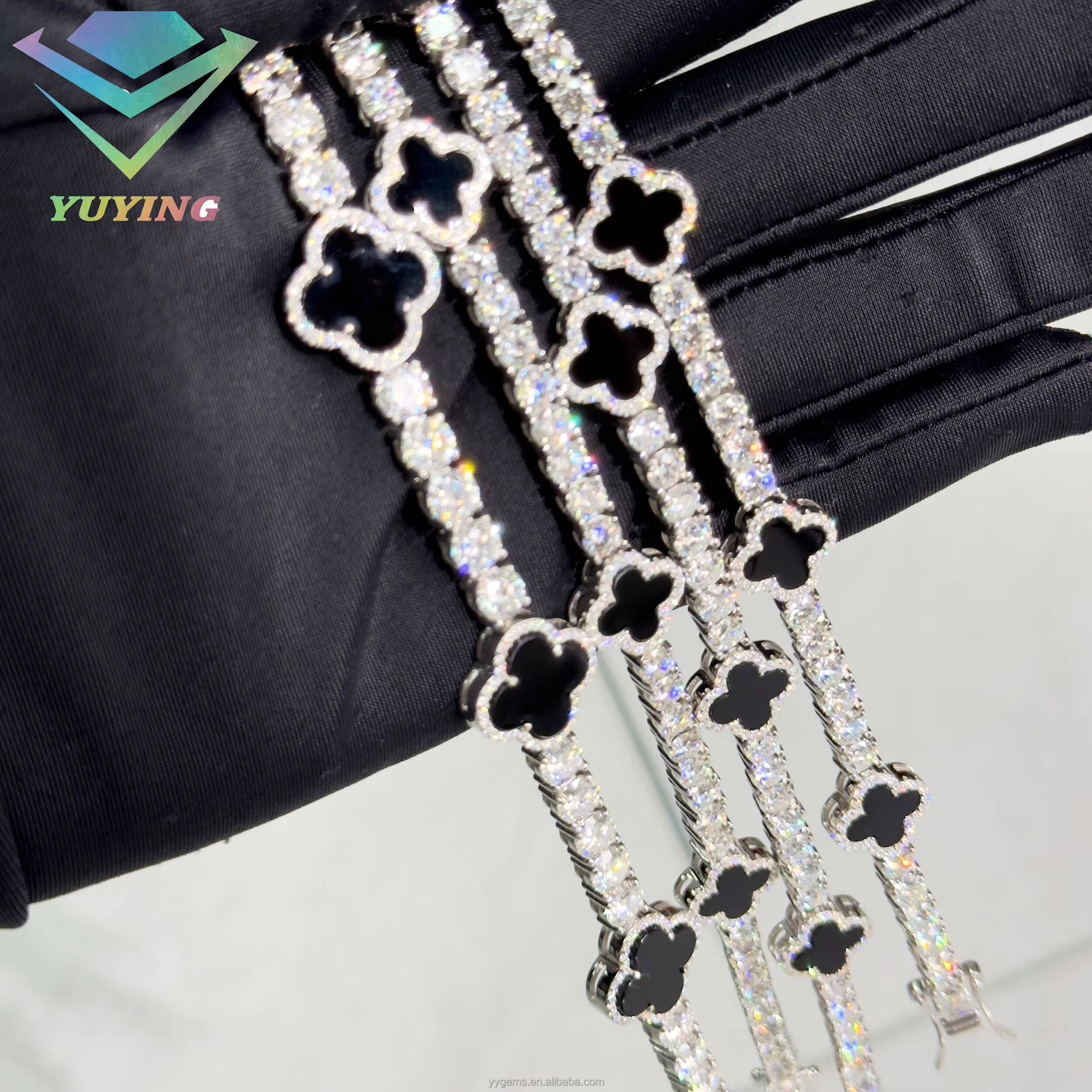 Fashion 925 Sterling Silver 3-4-5mm VVS Mossanite Tennis Bracelet Natural Black Agate Onyx Clover Tennis Chain Jewelry Bracelet