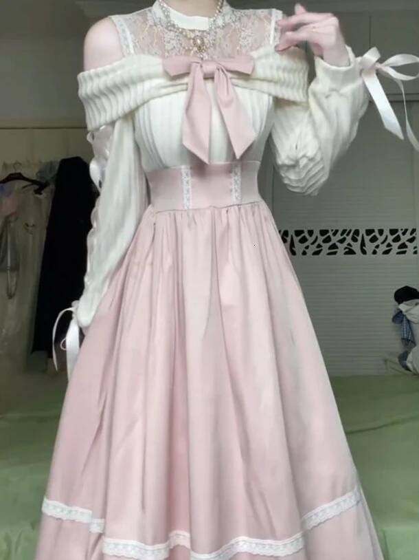 Bestseller Off-Shoulder White Lolita Lace Trim Bow Style Sweet Party 2025 Autumn Daily Wear Outfit Women Cute Midi Dress New ddmytues