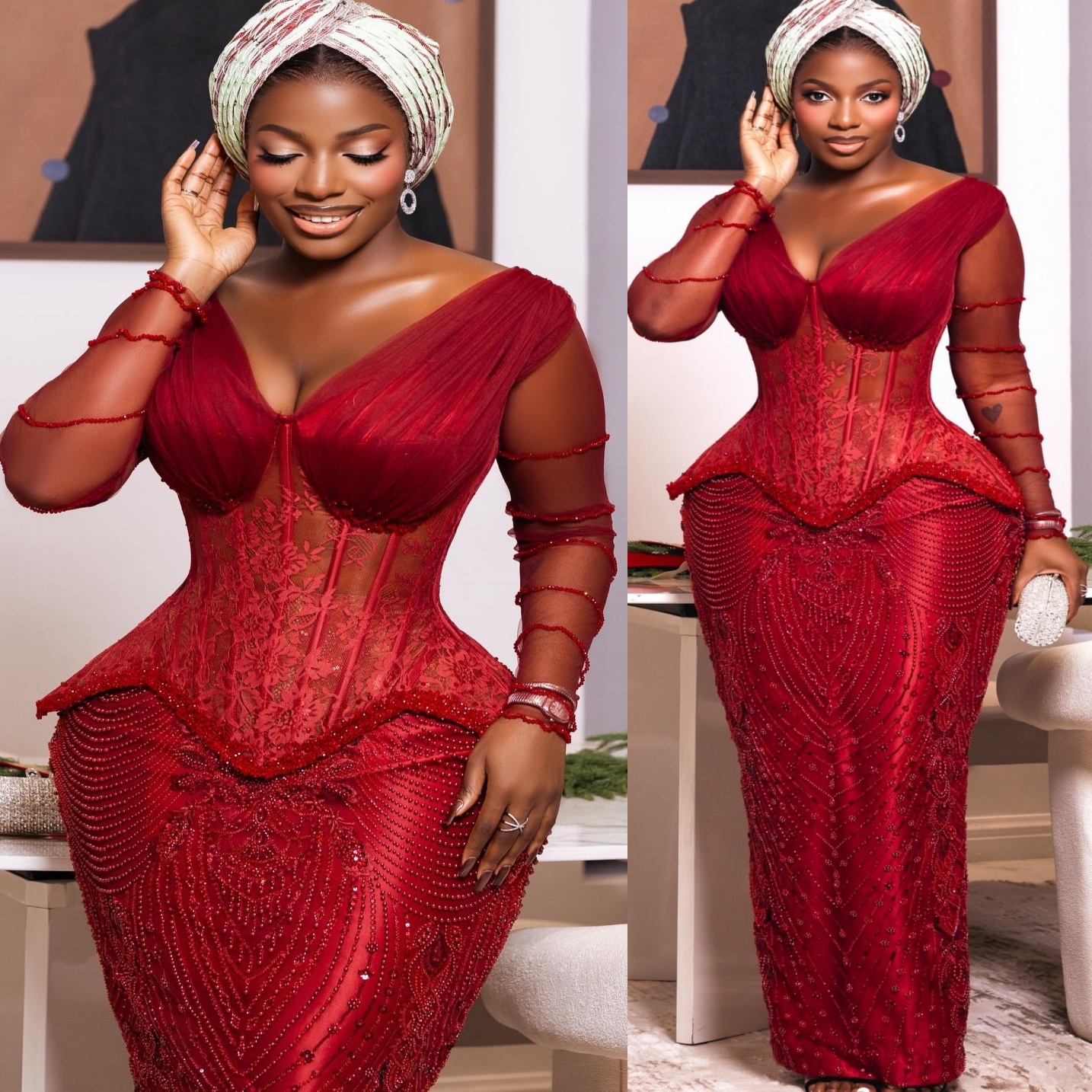 2026 Aso Ebi Nigerian Dark Red Sheath Prom Dresses Lace Illusion Beaded Evening Formal Party Second Birthday Engagement Gowns Dress For Special Occasions