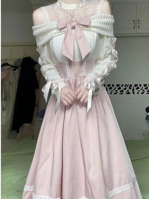 Bestseller Off-Shoulder White Lolita Lace Trim Bow Style Sweet Party 2025 Autumn Daily Wear Outfit Women Cute Midi Dress New ddmytues