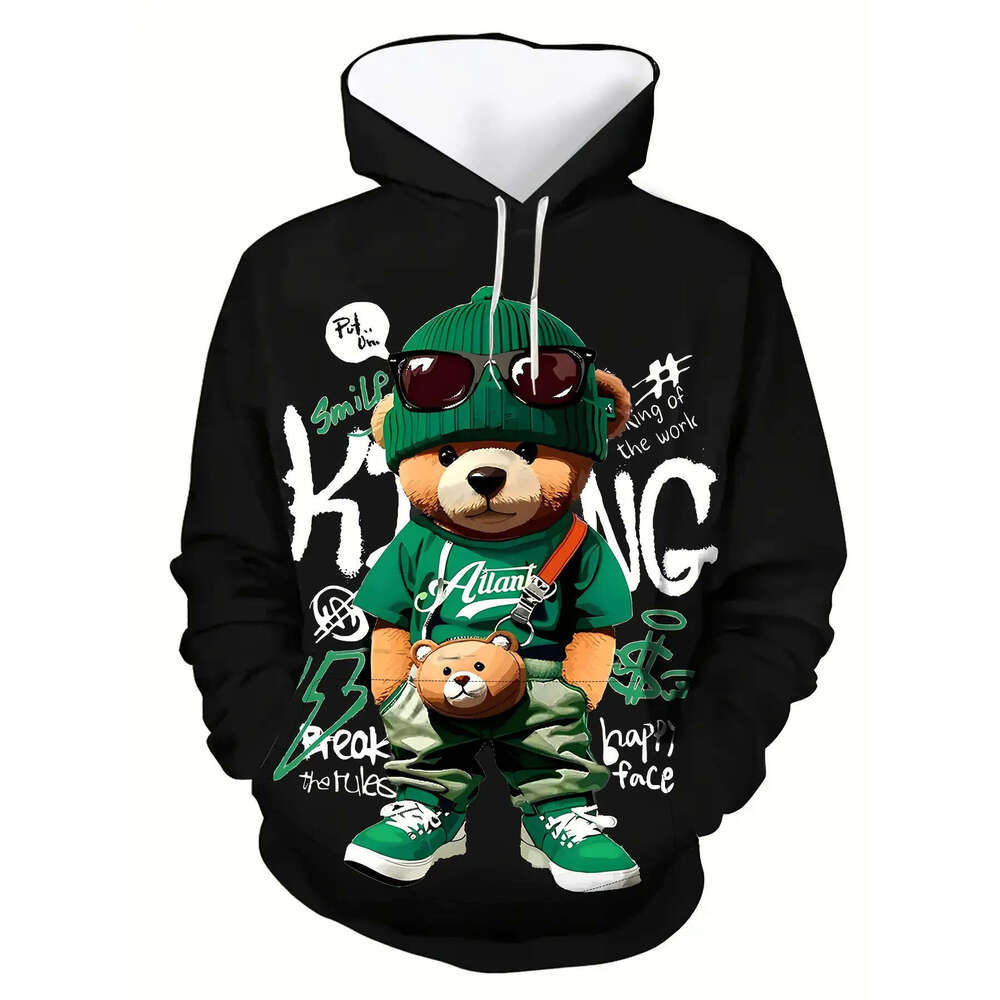 3D Digital Print Cartoon Bear Graphic Hoodie With Green Knit Hat Fashion Glasses - Black Kangaroo Pocket Warm Winter Sweatshirt, Long Sleeve Casual Pu