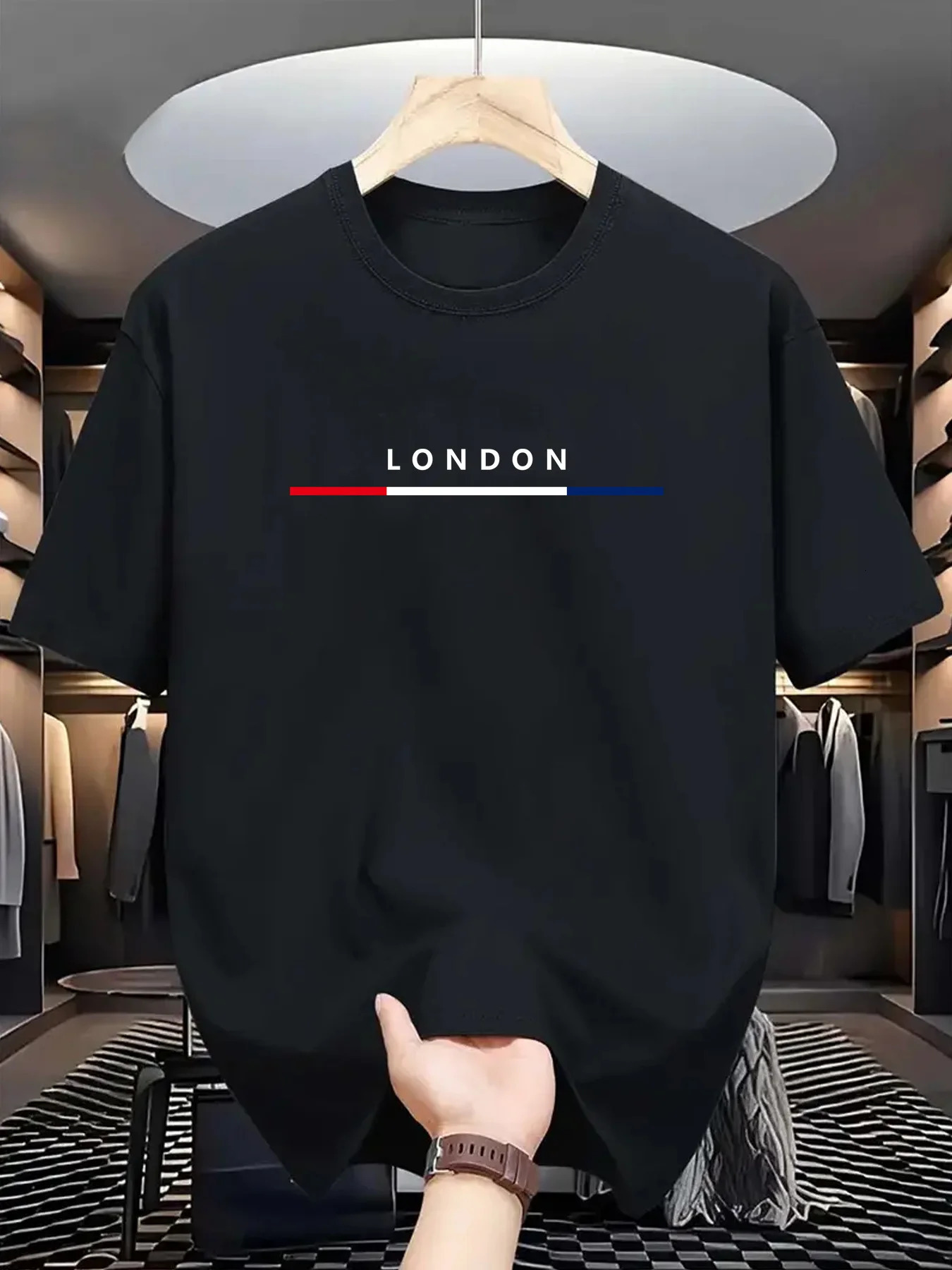 Mens summer 100 pure cotton fashionable casual sports loose LONDON letter pattern print round neck short sleeved T-shirt top 251231