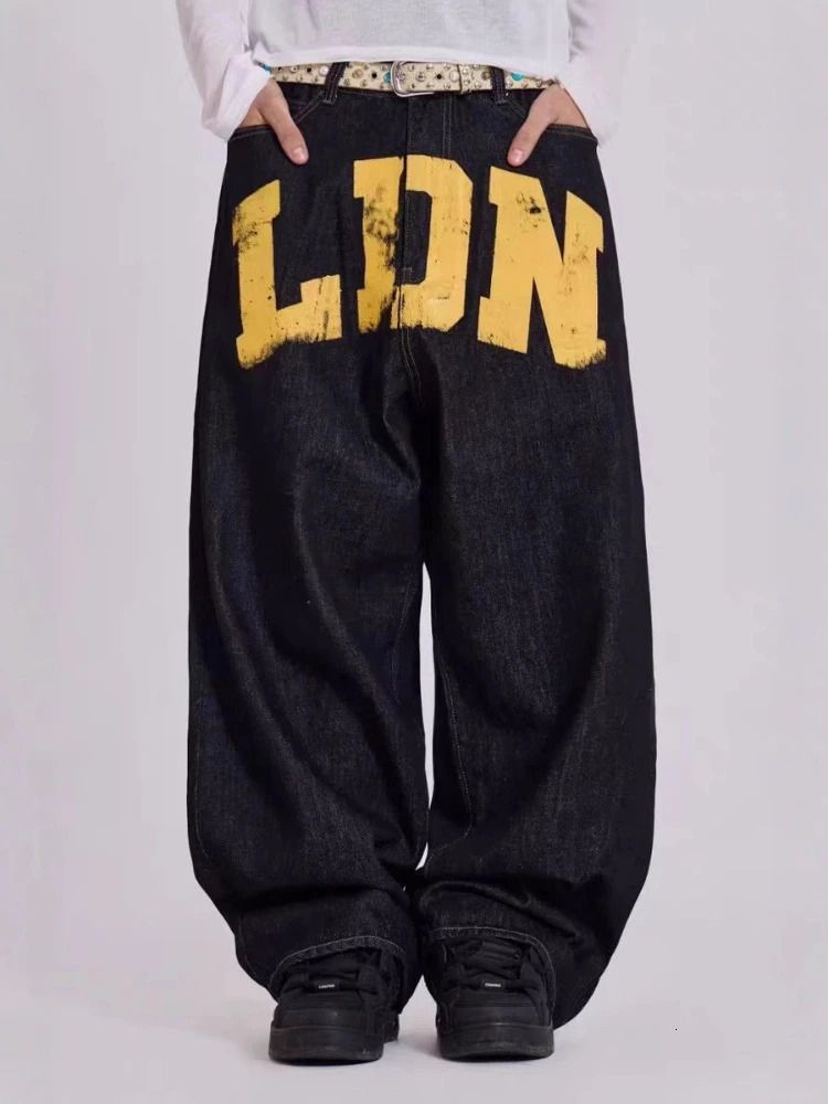 American Vintage Letter Print Jeans Womens Black Gothic Y2k Loose Denim Pants Fashion Hip Hop Wide Leg Casual Streetwear 260104