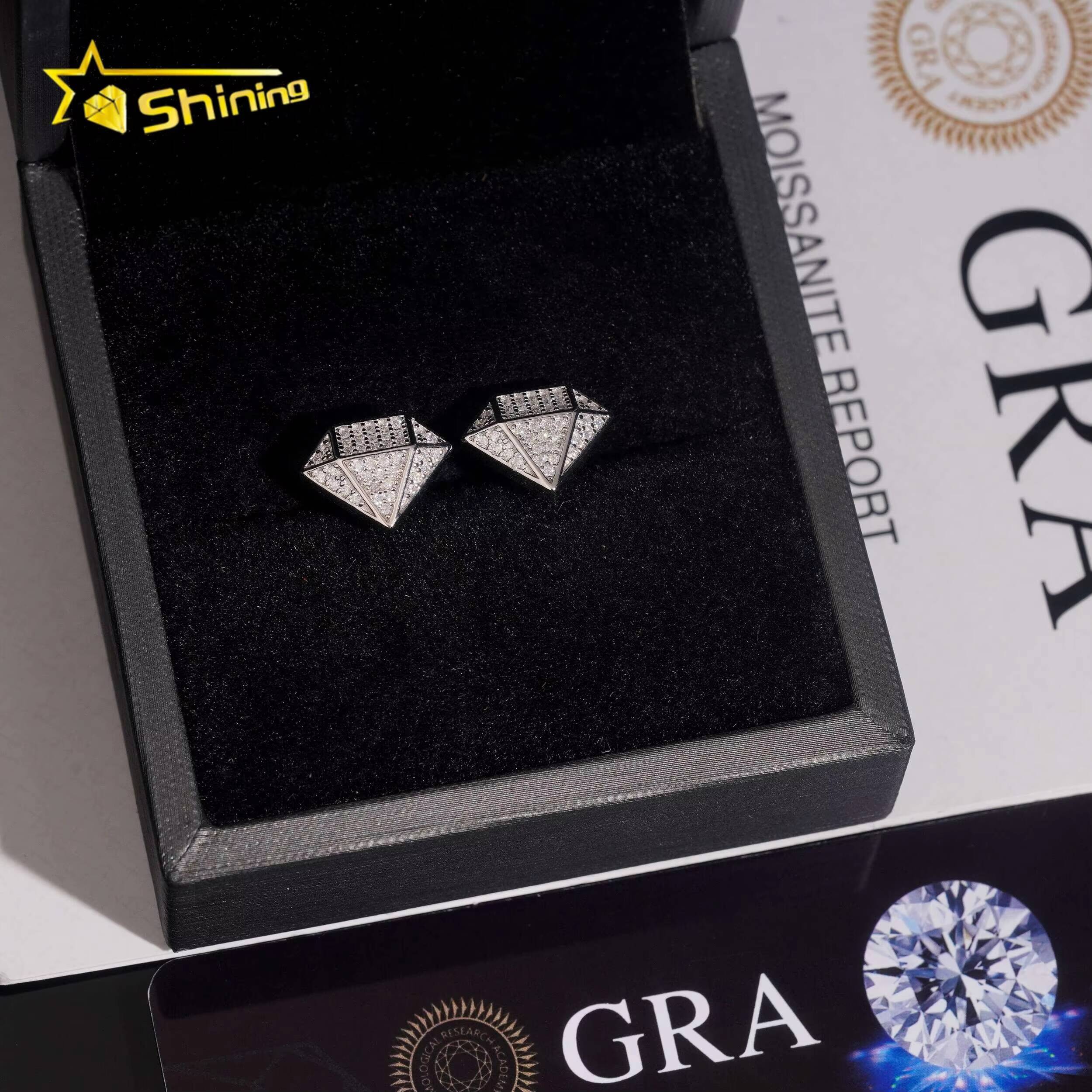 Fine Jewelry Bling Iced Out 925 Silver Diamond Shape Hip Hop Mens VVS Moissanite Earrings