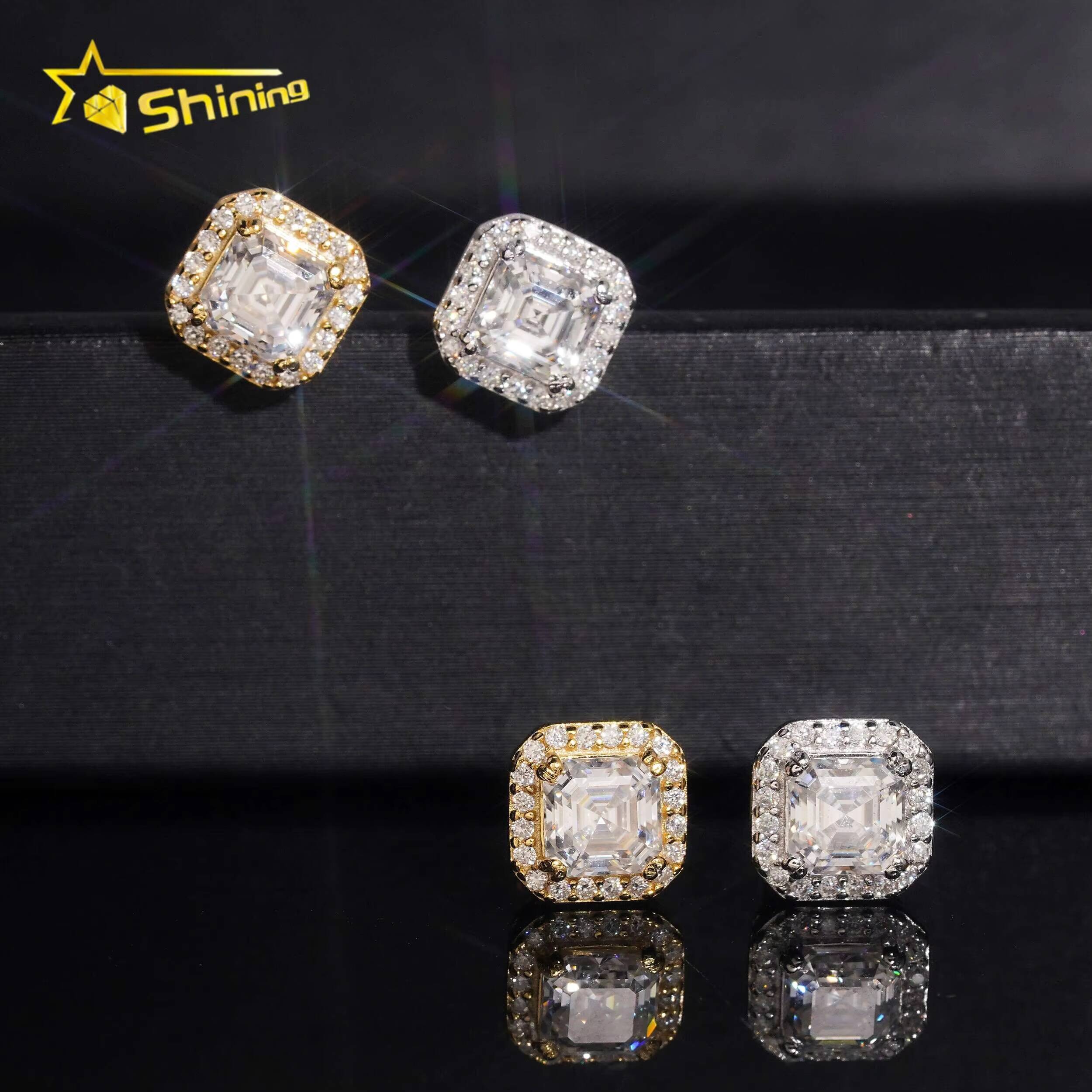 Luxury Hip Hop Jewelry Top Quality D VVS Diamond 925 Silver Men Asscher Cut Halo Moissanite Earrings