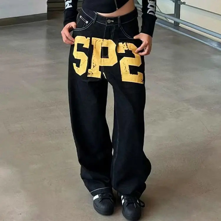 American Vintage Letter Print Jeans Womens Black Gothic Y2k Loose Denim Pants Fashion Hip Hop Wide Leg Casual Streetwear 260104