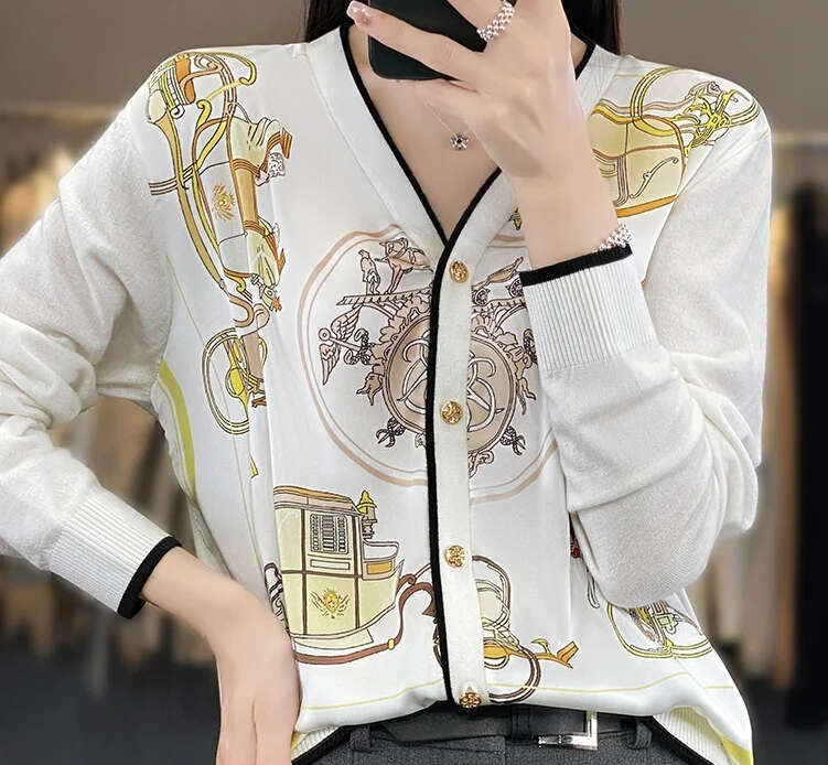 Spring and Summer Real Silk Wool Splicing Knitt Cardigan Women's Wide V-Neck Coat Top Fashion Jacket Satin Printed Thin Sweater - view 6