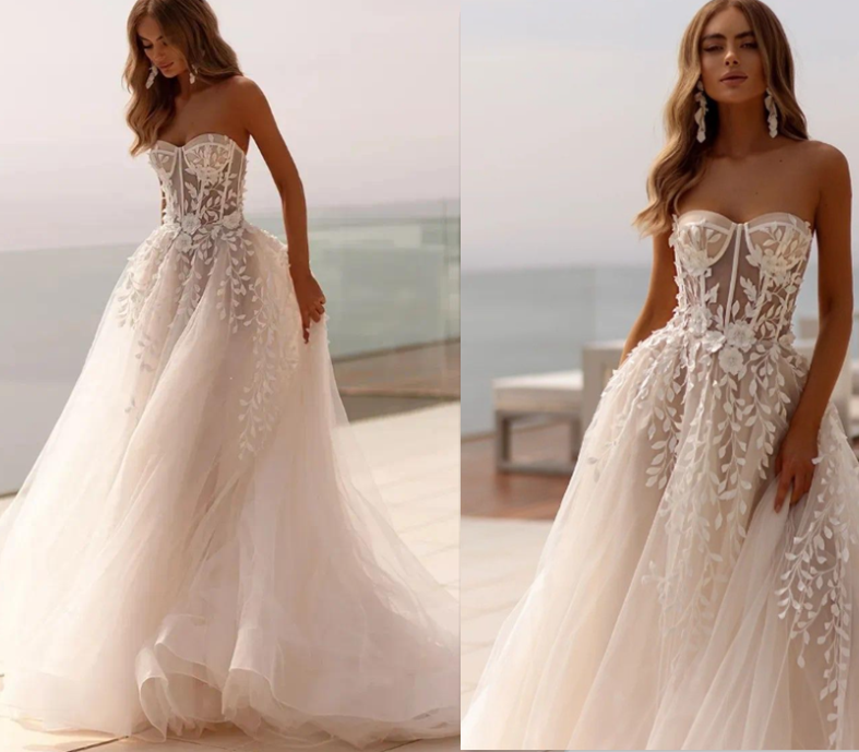 Fashion Wedding Dress Strapless 3D Flower Lace Applique Sweep Train Boho Bridal Gown Custom Made Vestidos De Novia