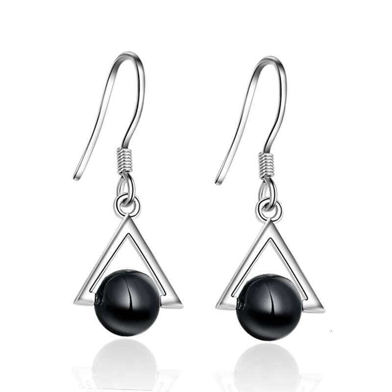 925 Sterling Silver Triangle Black Agate Earring Ladies Fashion Simple Birthday Party Wedding Anniversary Jewelry Gift