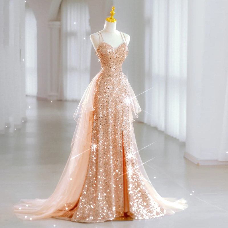Blush Pink Sequin Mermaid Evening Gown Spaghetti Strap Heart Neck Tulle Train Formal Prom Dress