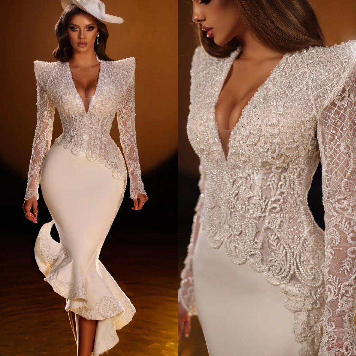 Vintage Deep V Neck Lace Evening Dresses Sexy Long Sleeve Mermaid Prom Dress Customized Tea Length Party Gown