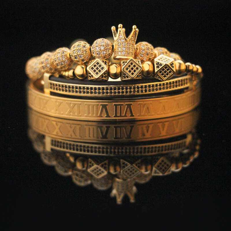 Retro Titanium Steel Bracelet Set for Men Diamond Inlay Letter Crown Jewelry for Daily Casual & Office Commute