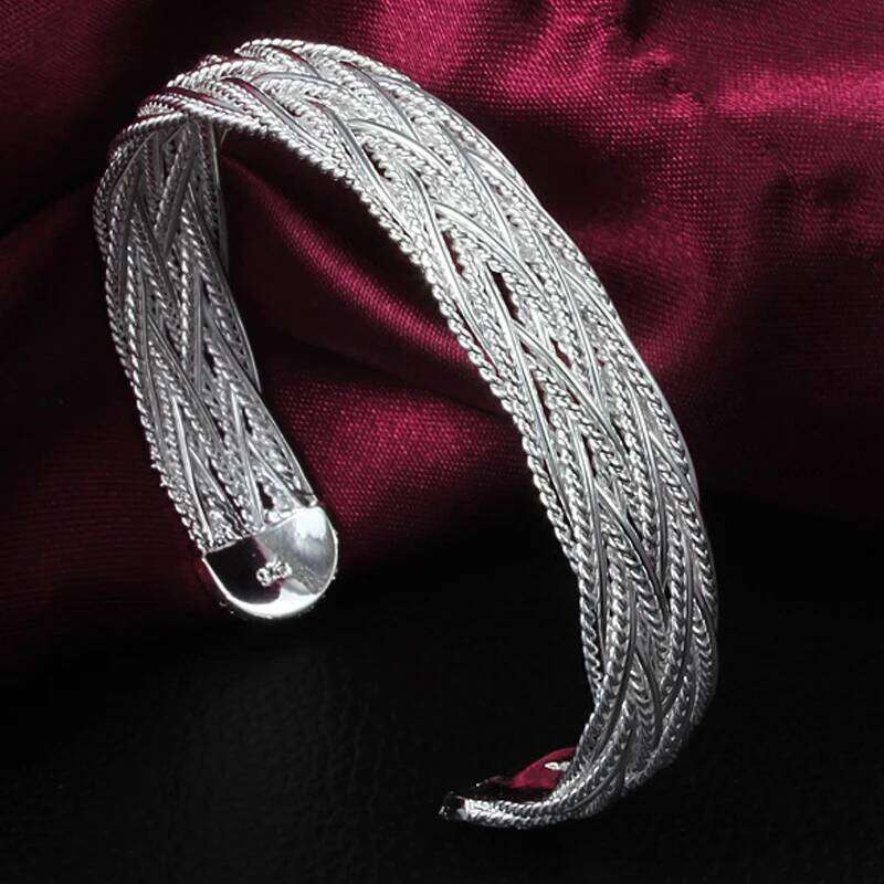 Simple Design Wrist Bracelets 925 Sterling Silver Twisted Web Open Cuff Bangles For Women Punk Jewelry
