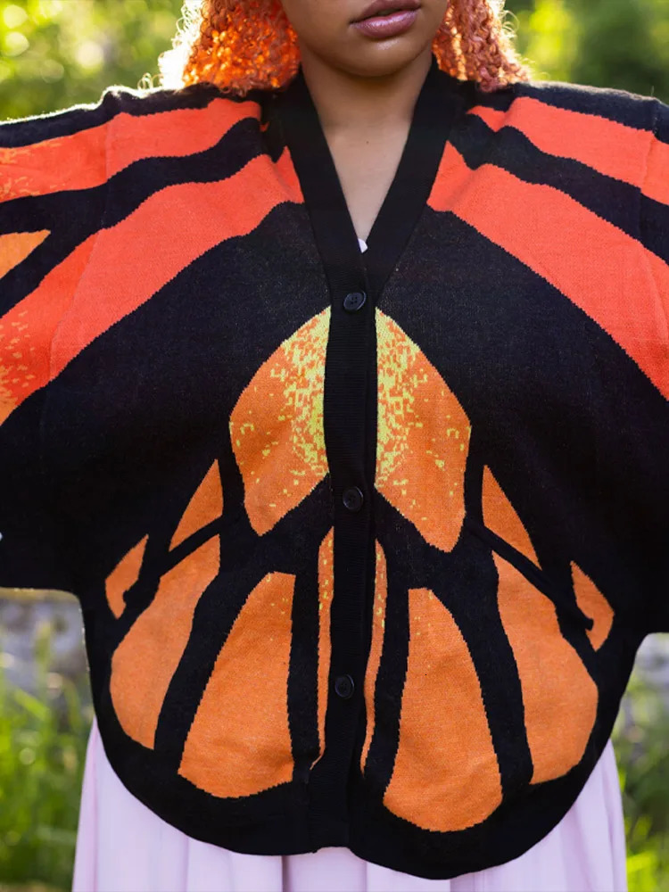 Butterfly Shaped Knitted Cardigan For Women V Neck Crochet Cape Knit Sweater Long Sleeve Single Breasted Coat Spring 260104