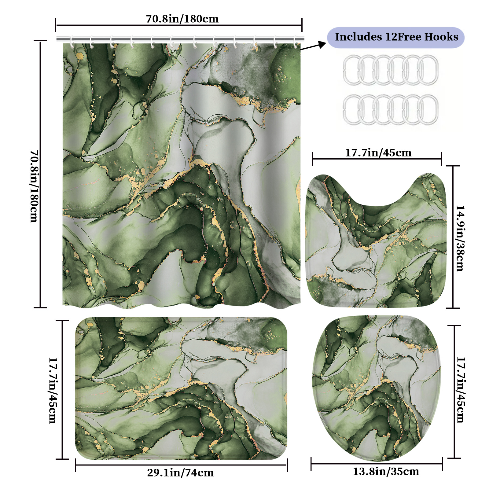 YL-38090 High-Definition Digital Printed Shower Curtain Set (4 Pieces), Waterproof, Drill-Free Bathroom Partition Curtain, Marble