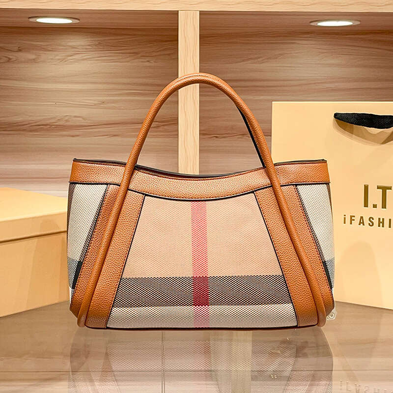 Free Shipping Genuine Leather Large Capacity Handbag Plaid Tote 2025 New Women's Shoulder Crossbody Bag