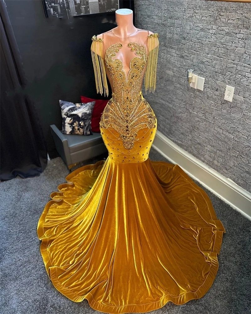 Gold O Neck Evening Dresses For Black Girls Beaded Crystal Birthday Party Gowns Mermaid Tassel Long Prom Dresses Robe De Bal J05