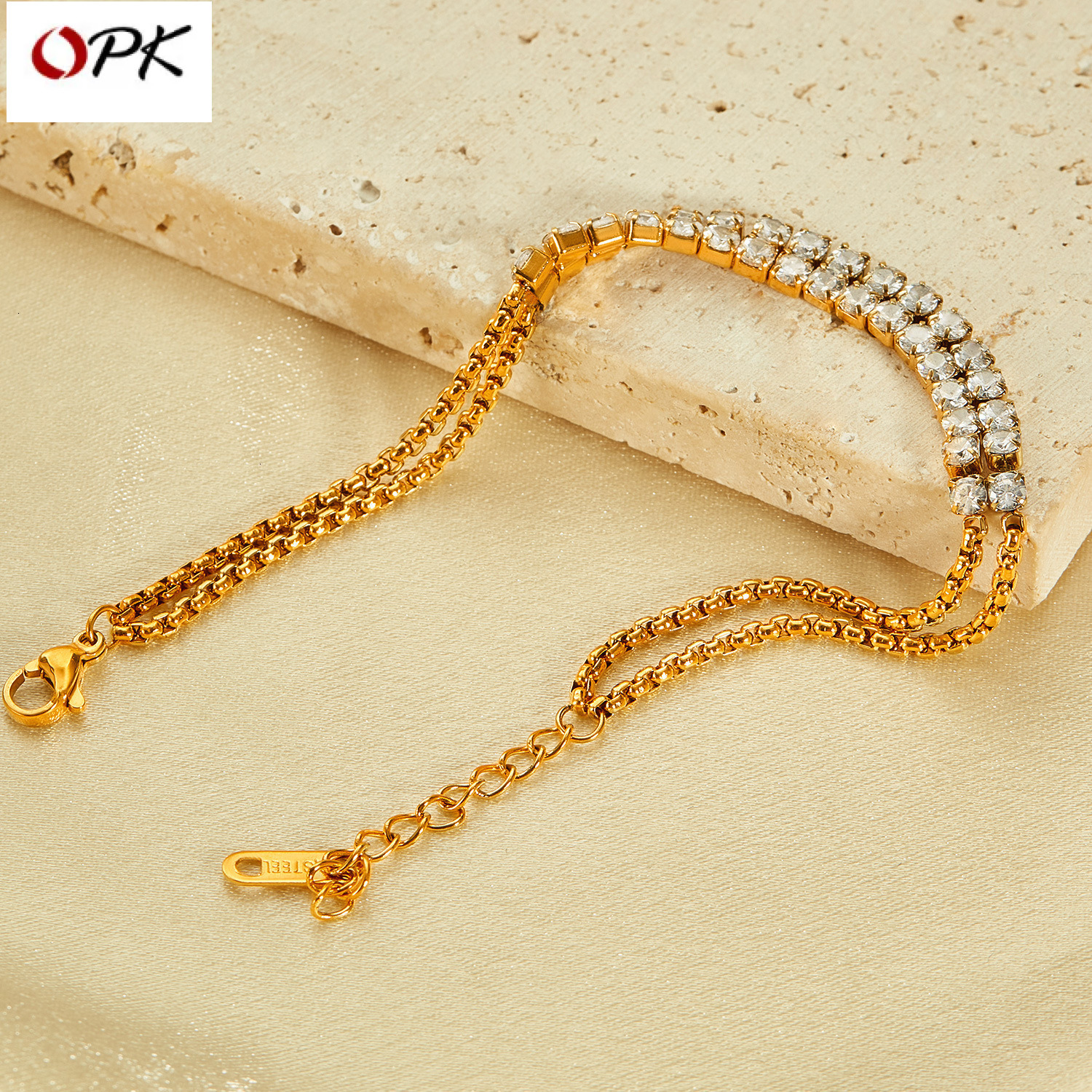 OPK New European and American Women's Bracelet Stainless Steel Niche Style Double Chain Double Row Inlaid Diamond Simple Multi functional Titanium Steel Jewelry