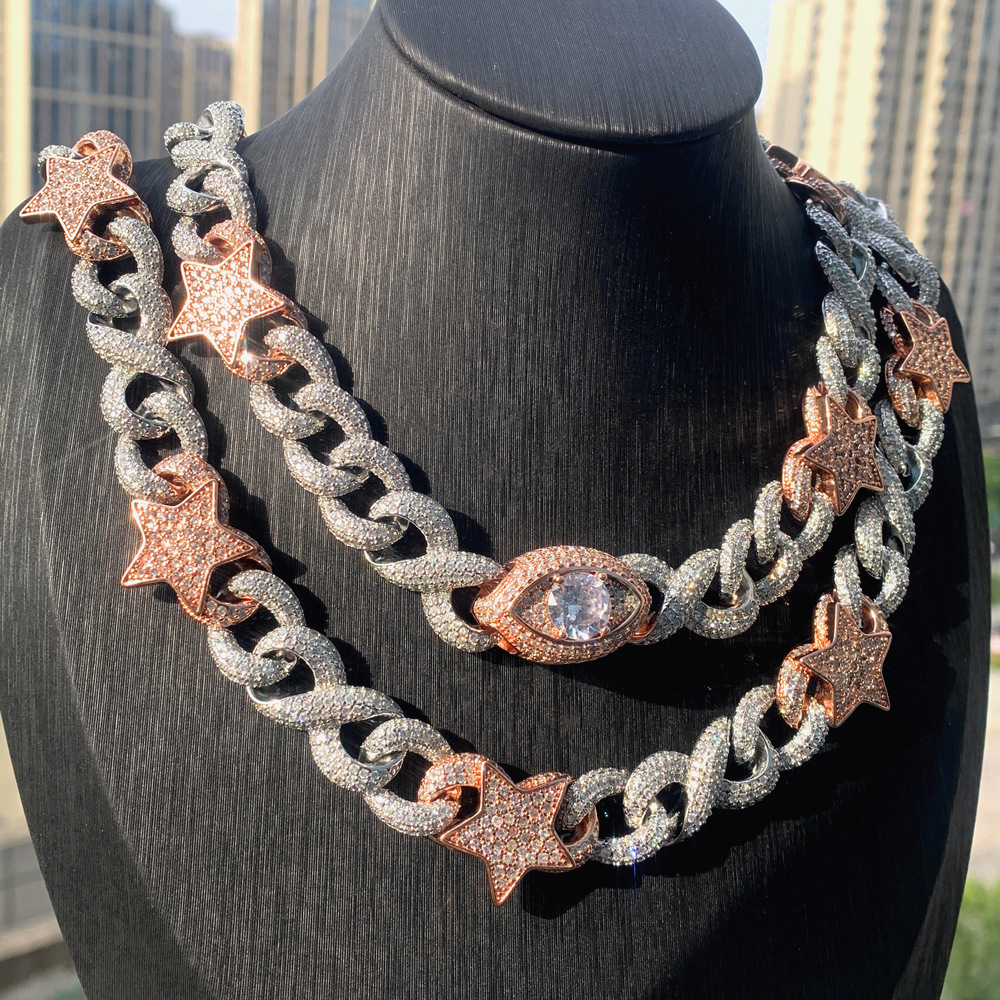 20mm Hip Hop Star Eye Infinite Chain Cuban Link Chain Necklace Bracelet Rose Gold Plated Jewelry