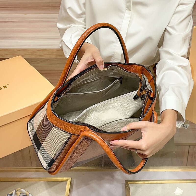 Free Shipping Genuine Leather Large Capacity Handbag Plaid Tote 2025 New Women's Shoulder Crossbody Bag