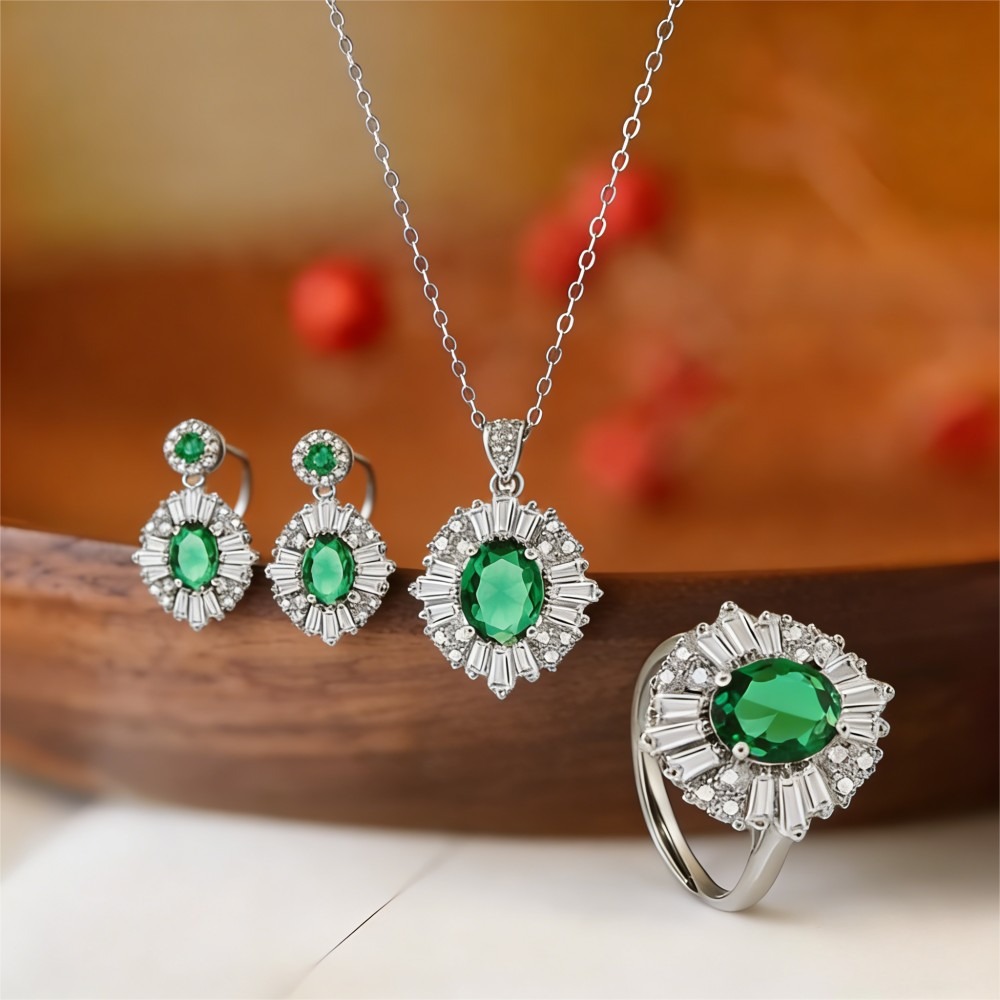 Jewelry Set with Gift Box Emerald Green Ring, Necklace and Stud Earrings Set, Matching Jewelry Trio, Perfect Birthday Valentine's Day Gift for Her