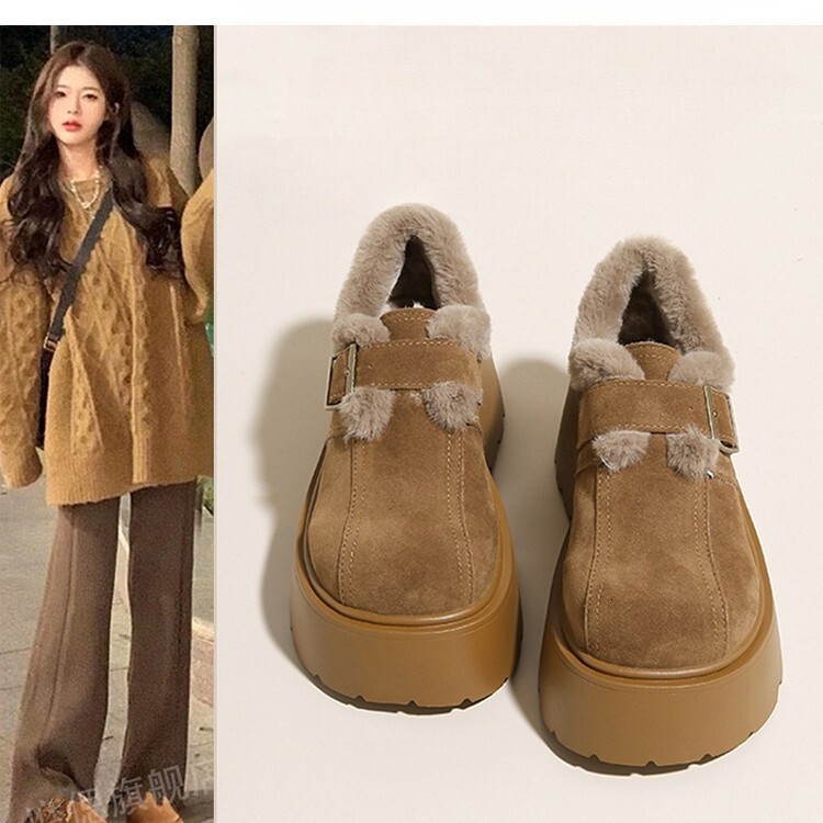 2026 new fashionable women's thick-soled height-increasing platform shoes, designer wool lining and thickened snow boots, loafers, cotton shoes