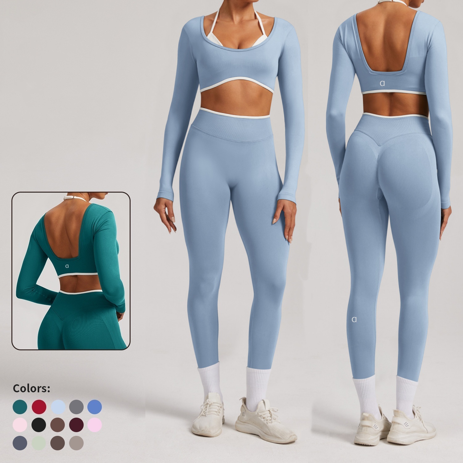 A1762 Seamless Two-Piece Sports Top with Long Sleeves for Running and Fitness High-Waisted Seamless Knit Yoga Pants Quick-Dry Fit Activewear Leggings