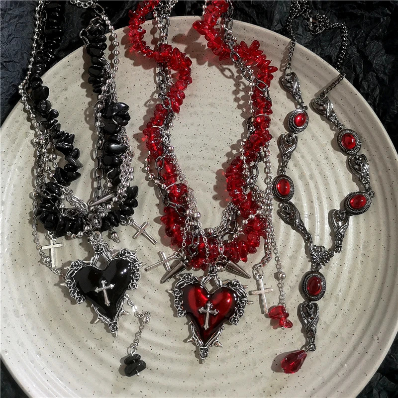 Goth Vintage Y2K Dark Red Heart Cross Pendant Irregular Stone Bead Choker Necklace Women Punk Halloween Grunge EMO Accessories 251230