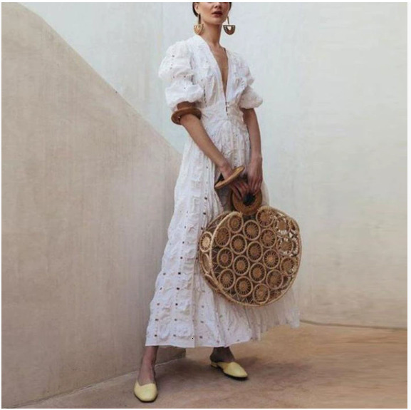 Women Dress Elegant White Lace es Deep V Neck Puff Sleeve Vintage High Waisted Hollow Out Maxi es 210524
