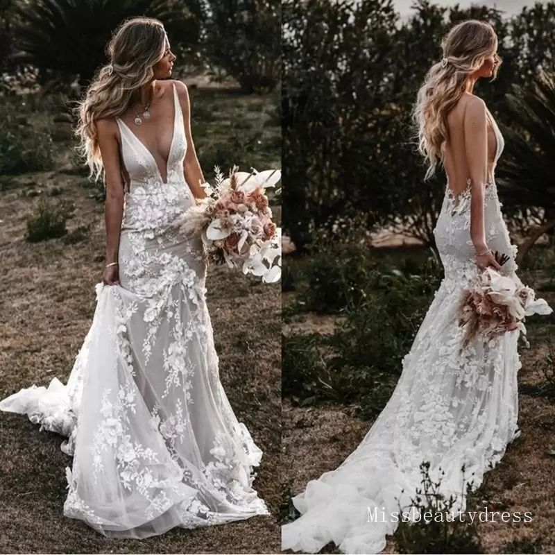 Boho Bridal Gown 3D Flowers Appliques Mermaid Wedding Dresses Spaghetti Straps Backless vestidos de novia Country Bridal Gowns Wear