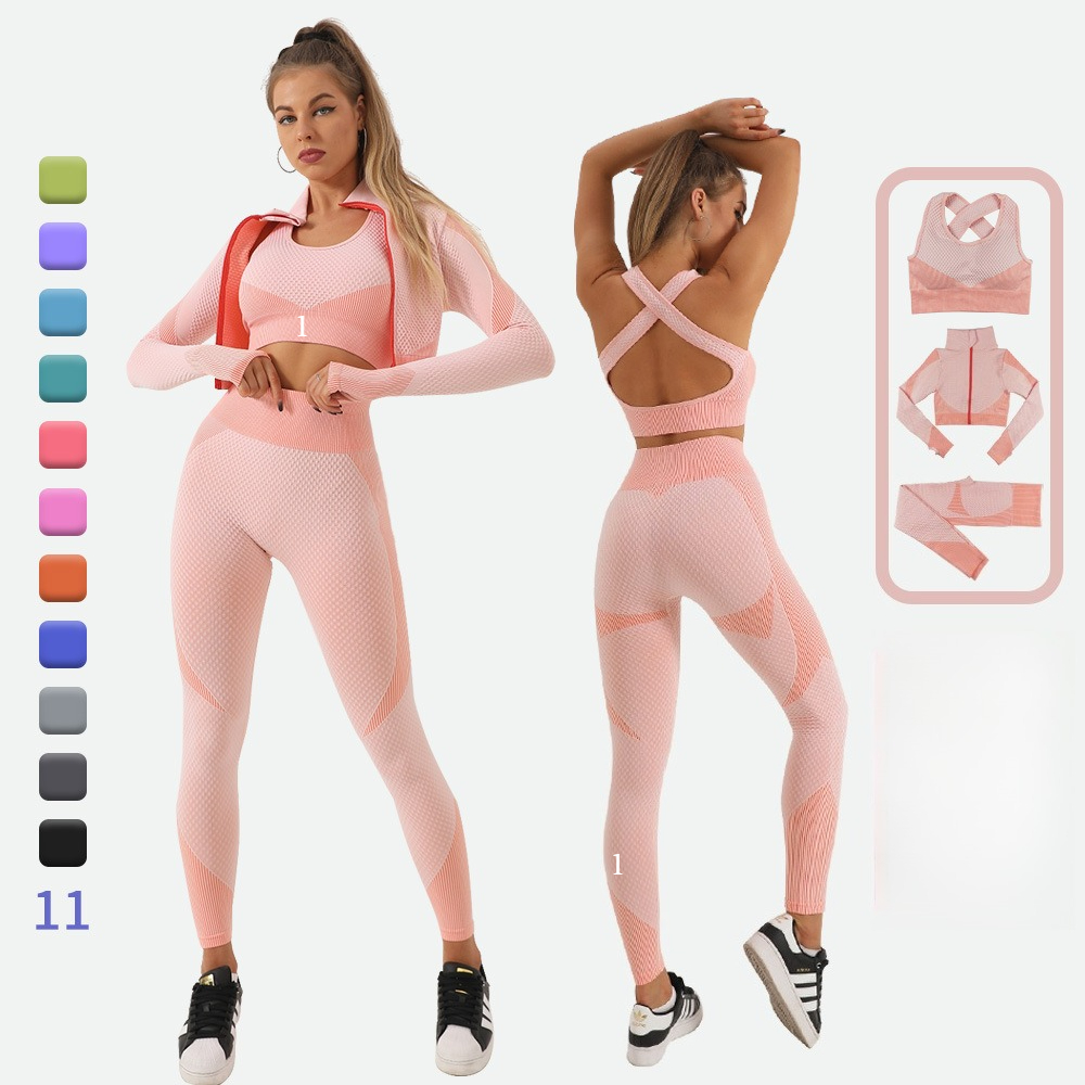 3 piece Ribbed Yoga Set Seamless Zipper Striped Workout Set Women's Sports Tracksuit Trousers Long-sleeved Bra Three-piece Yoga Suit