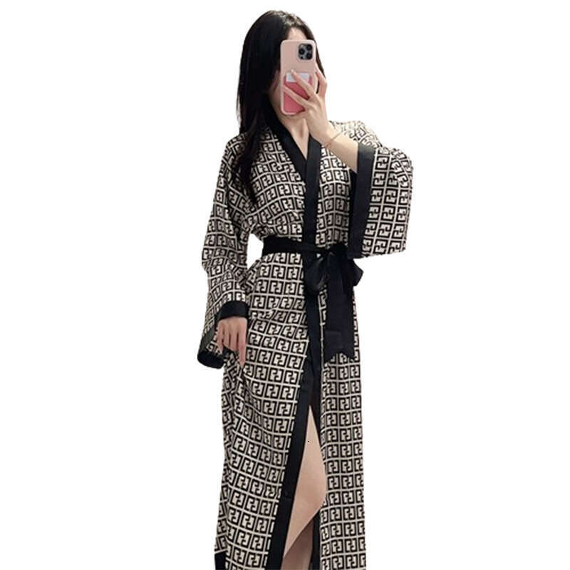 for Women Spring Summer New Ice Silk Sleeve Loose Tie Long Nightdress High-end Printed Homewear Can Be Worn Outside