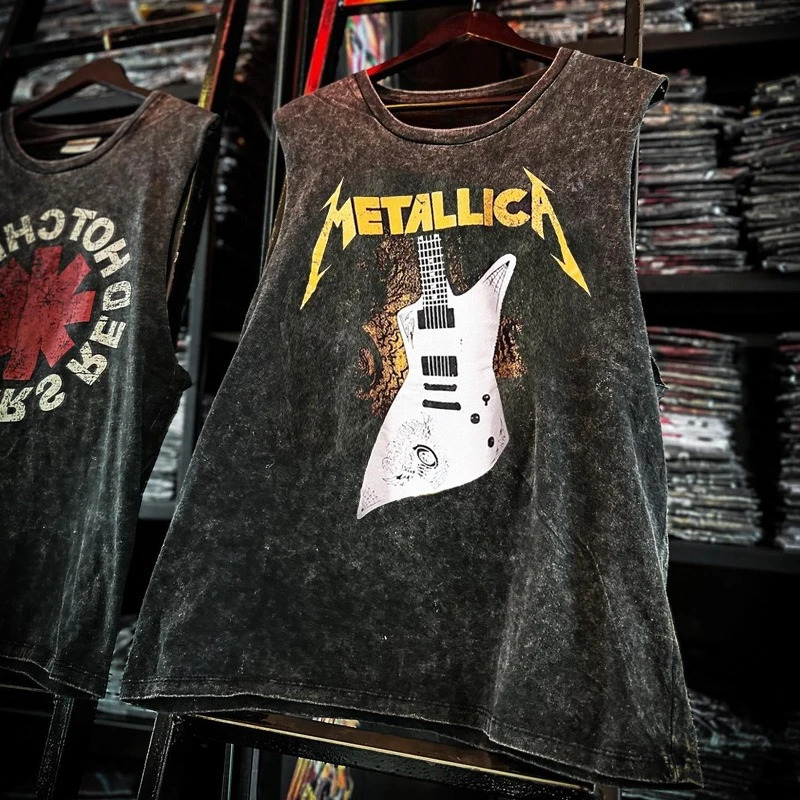 American Rock Band Printed Vintage Washed Sports Vest Cotton Sleeveless Mens Tshirt Hiphop Gym Clothing Tank Top Summer 260104