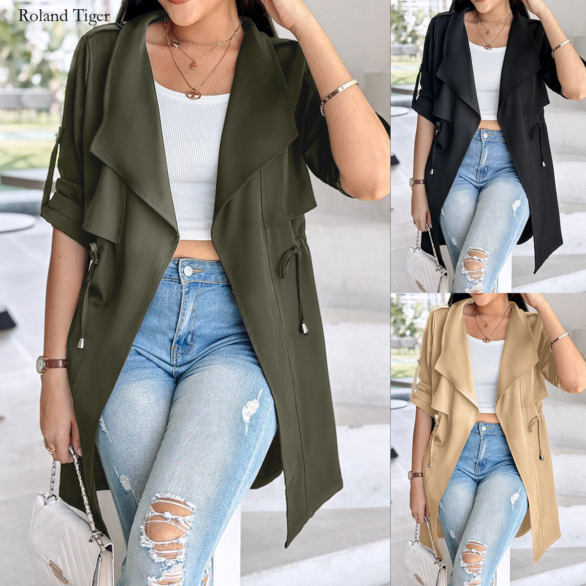 Roland Tiger Cross-Border Foreign Trade European and American Women's Clothing Amazon 2024 Autumn Winter Fashion Loose Solid Color Roll-Up Sleeve Mid-Length Tre