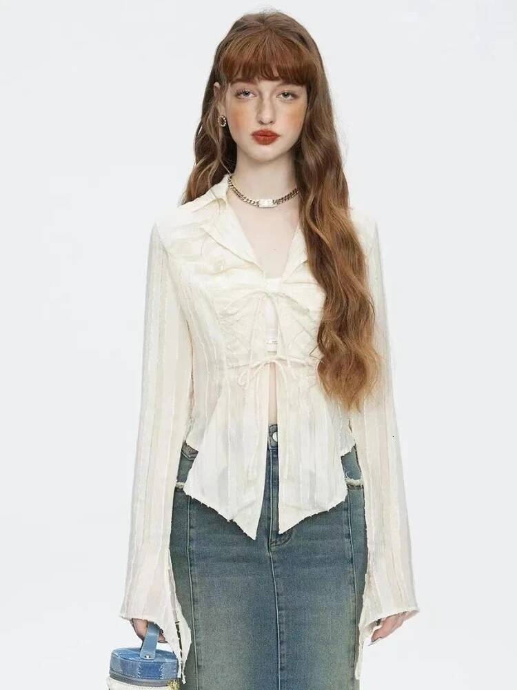 Bestseller French Elegant Long Sleeve Aesthetics Pleated Causal Lace Up Blouse Vintage Style V-neck Shirt Korean Fashion Spring ddmytues