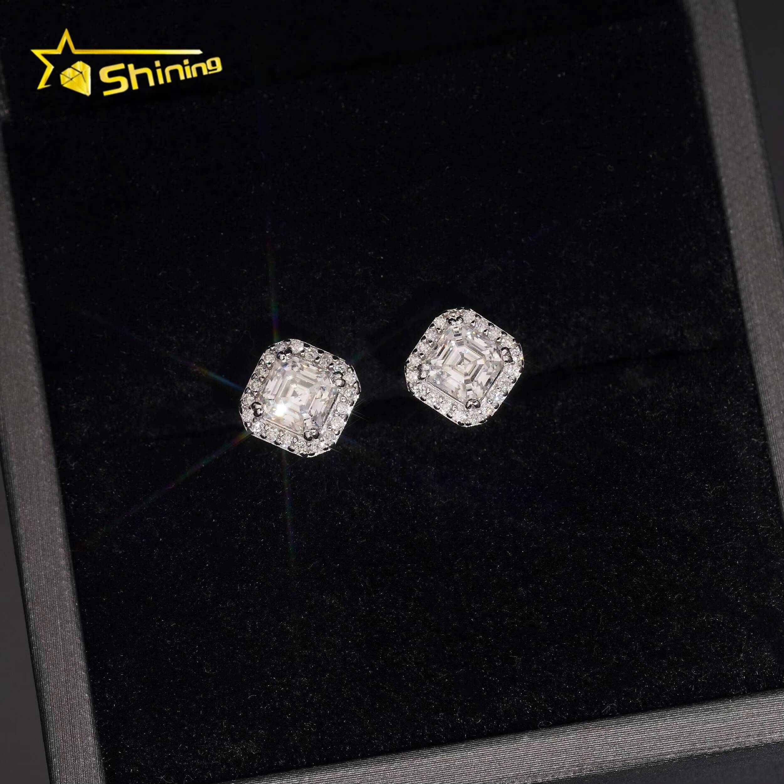 Luxury Hip Hop Jewelry Top Quality D VVS Diamond 925 Silver Men Asscher Cut Halo Moissanite Earrings