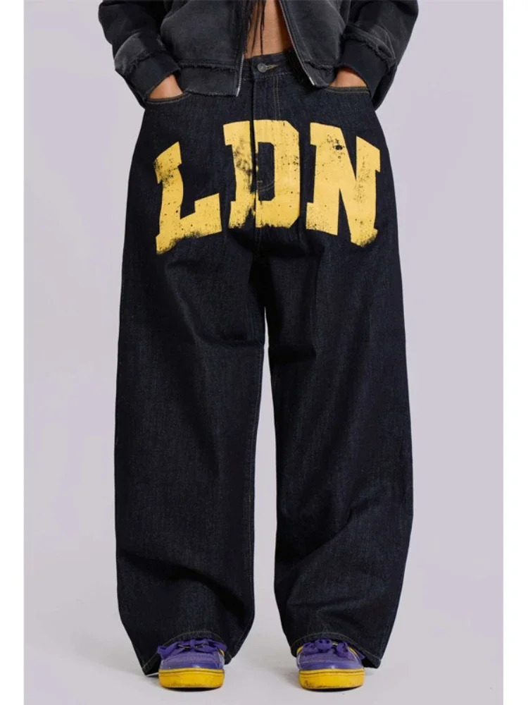 American Vintage Letter Print Jeans Womens Black Gothic Y2k Loose Denim Pants Fashion Hip Hop Wide Leg Casual Streetwear 260104