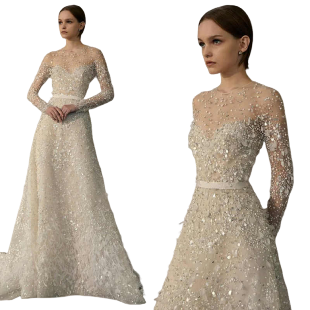 Gorgeous Lace Gowns Glitter Applique Sleeve Floor Length Bridal Gown Elegant Tulle Ball Dresses Vestidos De Novia