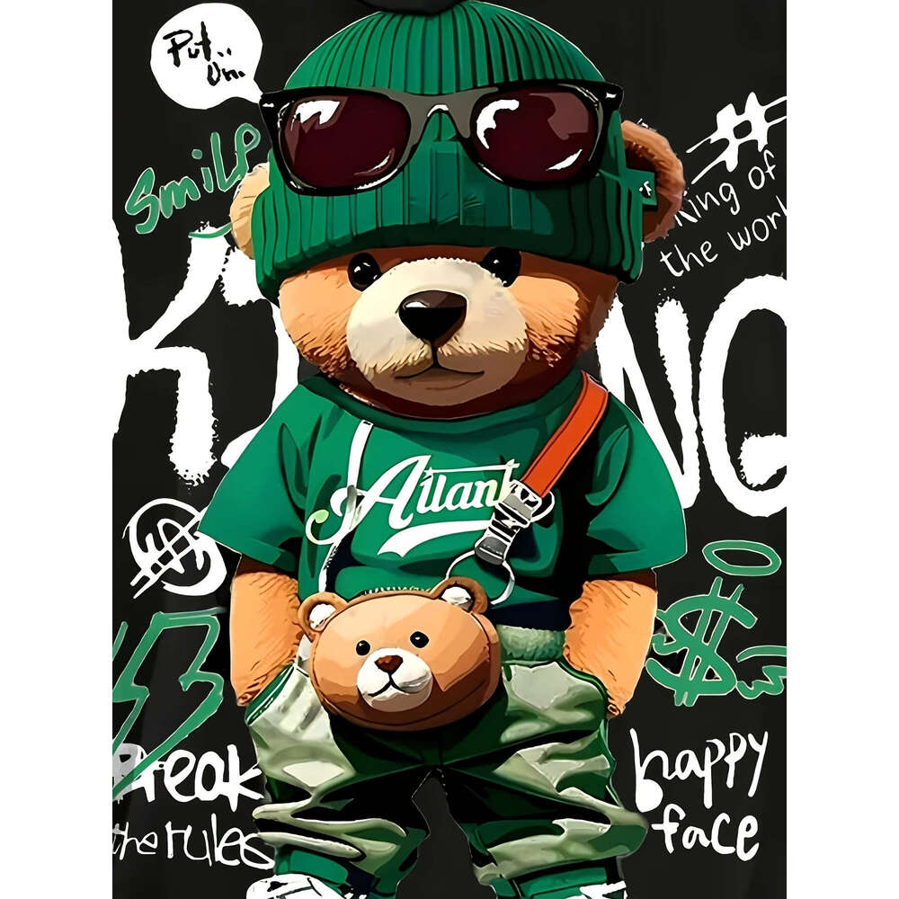 3D Digital Print Cartoon Bear Graphic Hoodie With Green Knit Hat Fashion Glasses - Black Kangaroo Pocket Warm Winter Sweatshirt, Long Sleeve Casual Pu