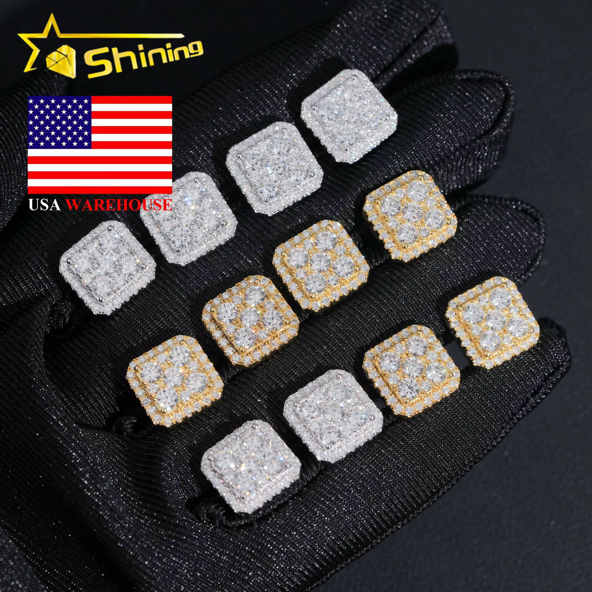 USA Warehouse Fast Shipping Square Shape 11mm Sparkling Moissanite 925 Sterling Silver Gold Plated Screw Back Stud Earring