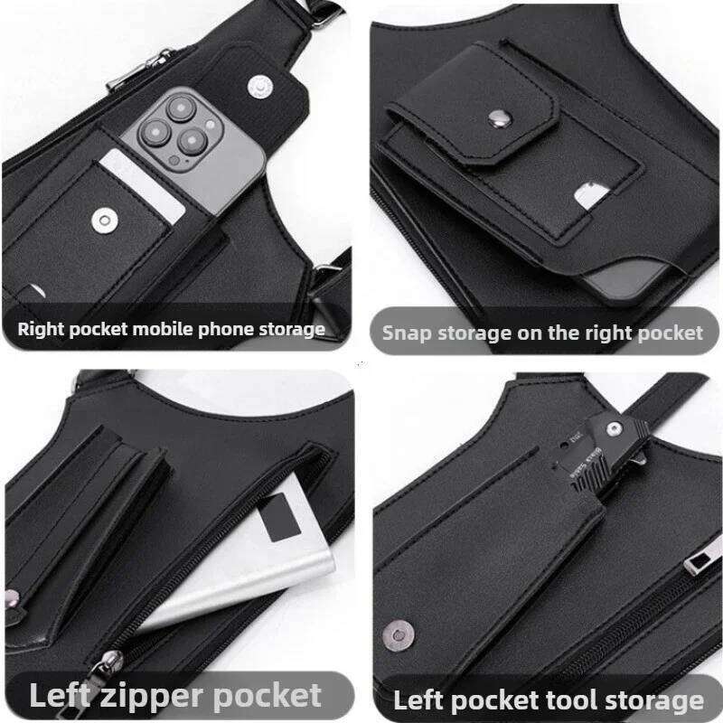 Double Shoulder Strap Multi-Pocket Outdoor Anti-Theft Tactical Vest Chest Bag Waterproof PU Leather Men's Back Crossbody Bags