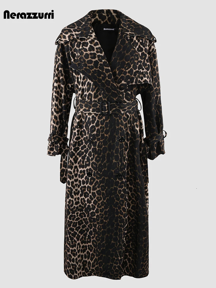 Nerazzurri Autumn Long Oversized Leopard Print Trench Coat for Women with Back High Slit Double Breasted European Fashion 251231