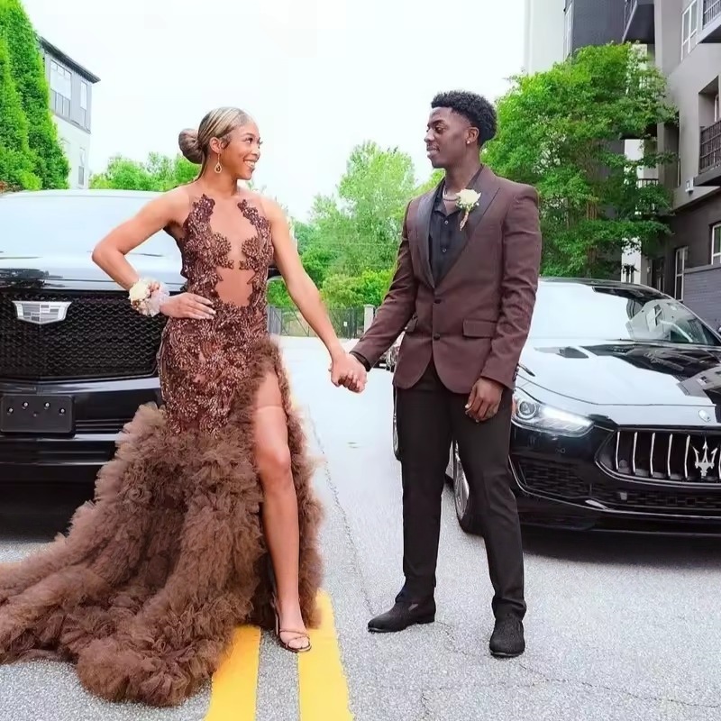 Customized Sexy Brown Ruffles Mermaid Prom Dresses 2026 High Slit Crystal Beaded Black Girls Evening Gala Party Gowns