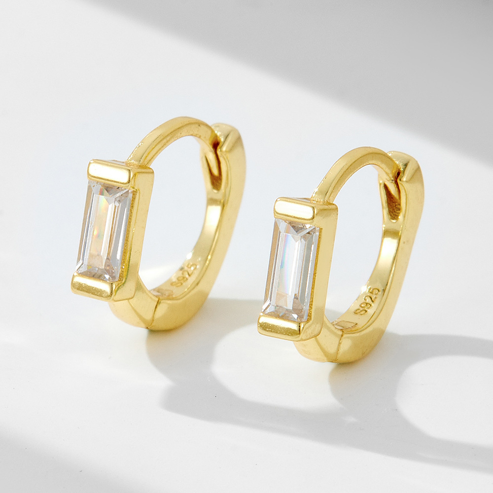 S925 Silver Inlaid Diamond Rectangular Zircon Hoop European and American Ins Style 14K Gold Plated Light Luxury Women's Ear Bone Small Earrings