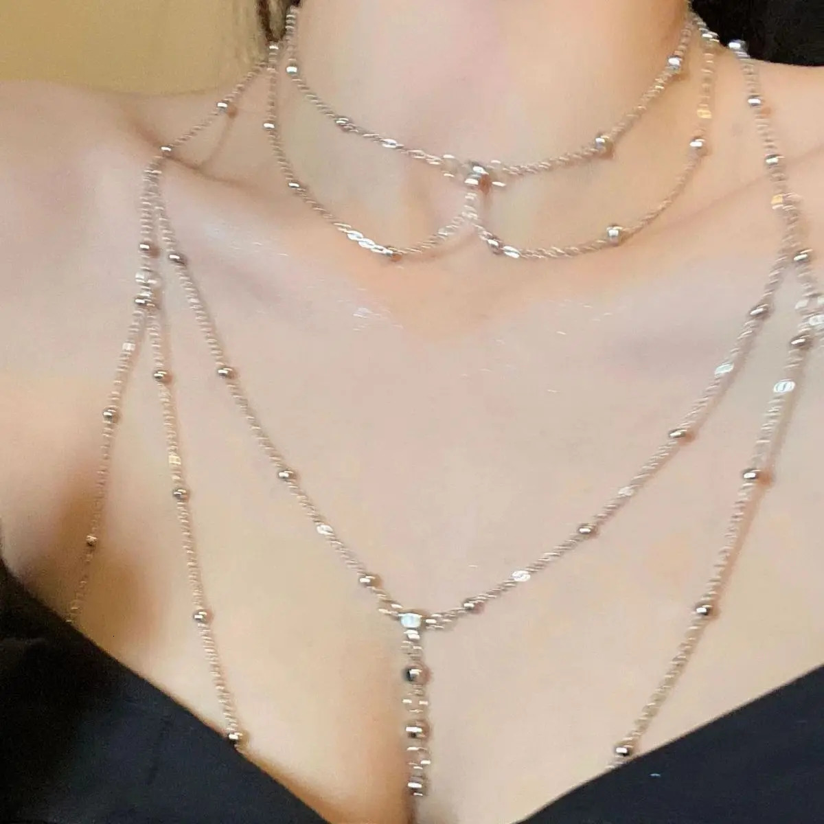 Fashionable Rhinestone Beaded Body Chain - Sparkling Pendant Tassel Necklace European American Trendy Womens Chest Chain 260104