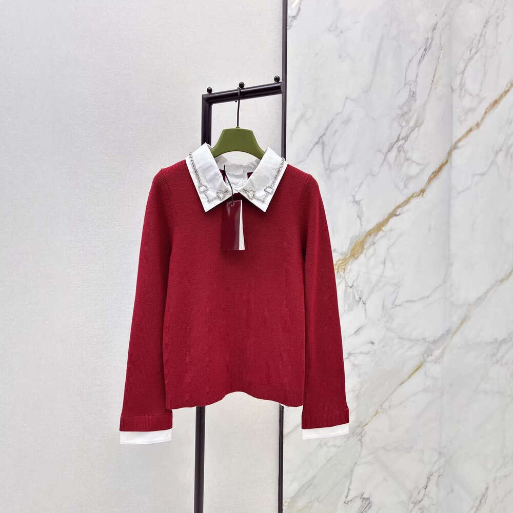 Designer 26 Early Spring Wool Fashionable High-End Rhinestone New Year Series Fake Two-Piece Layered Knitted Pullover Sweater bf73