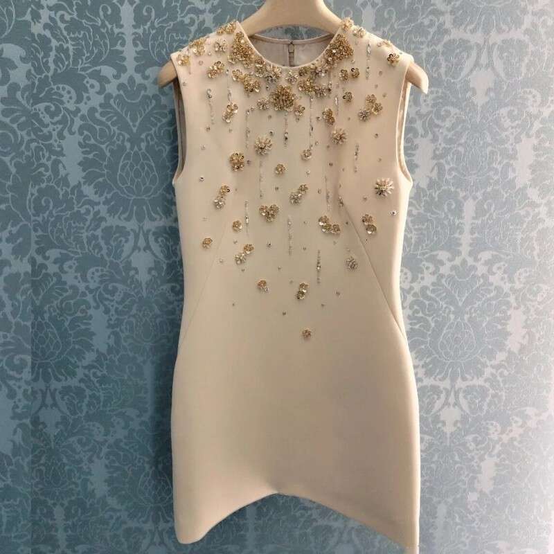 Designer Miu Style Sleeveless Heavy Craft Waist Round Neck Rhinestone Summer Embroidered Socialite Elegant Midi Dress For Women Autumn 9bf4