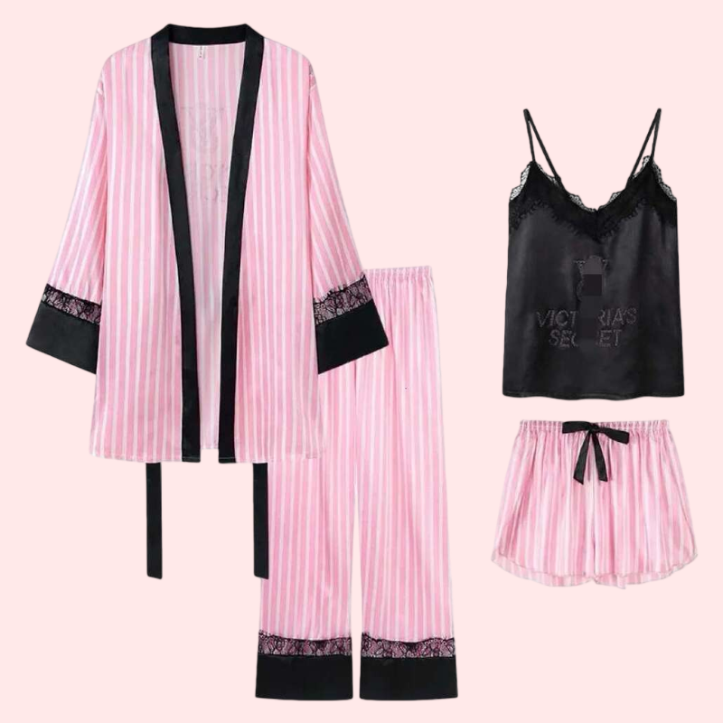 Victoriasecret Pijama Woman Sleepwear Floral Lace Trim Satin Pajamas Set With Sexy Faux Silk Pijamas Robe Sets Casual Home Clothes Nightwear dh623