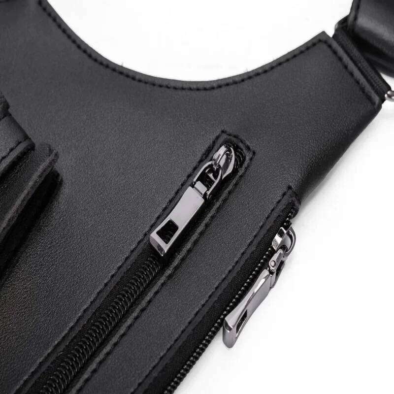 Double Shoulder Strap Multi-Pocket Outdoor Anti-Theft Tactical Vest Chest Bag Waterproof PU Leather Men's Back Crossbody Bags